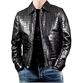 AG BISON Mens Real Leather Crocodile Embossed Jacket Biker Black Alligator Print Jacket