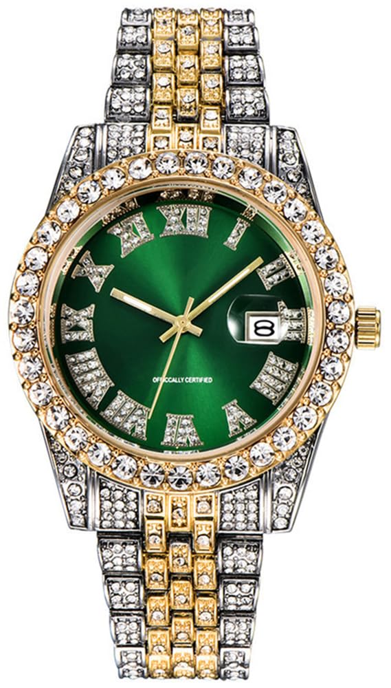 HUNRUY Hip Hop Watches for Men Iced-Out Bling Diamond Luxury Quartz Watches with Date, 40mm Green, Fashion