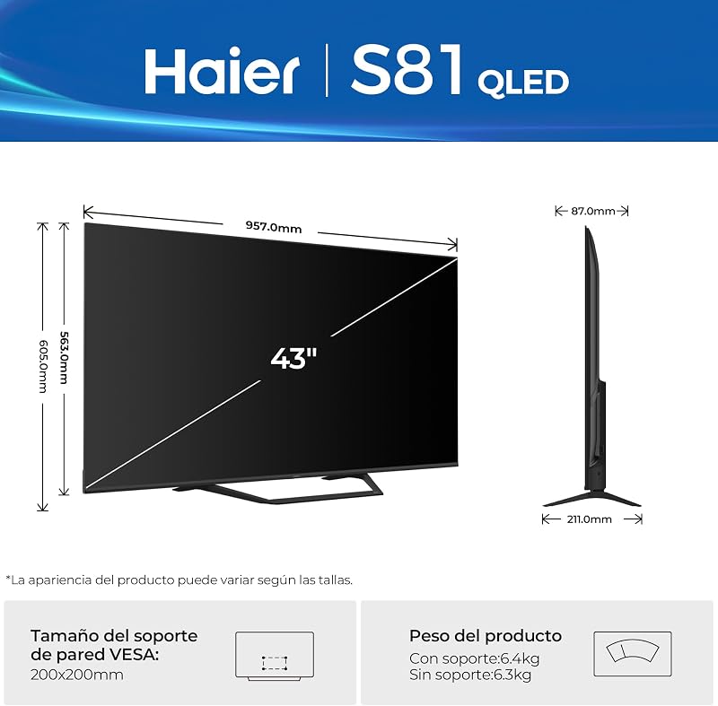 QLED 4K UHD H43S81FUX - 43", Smart TV, Google TV, Dolby Audio, HDR 10, Smart Remote Control, Google Assistant, Bluetooth 5.1, 120Hz Gaming, USB 2.0, DBX TV, HDMI 2.1 x 4, sem moldura, 2025
