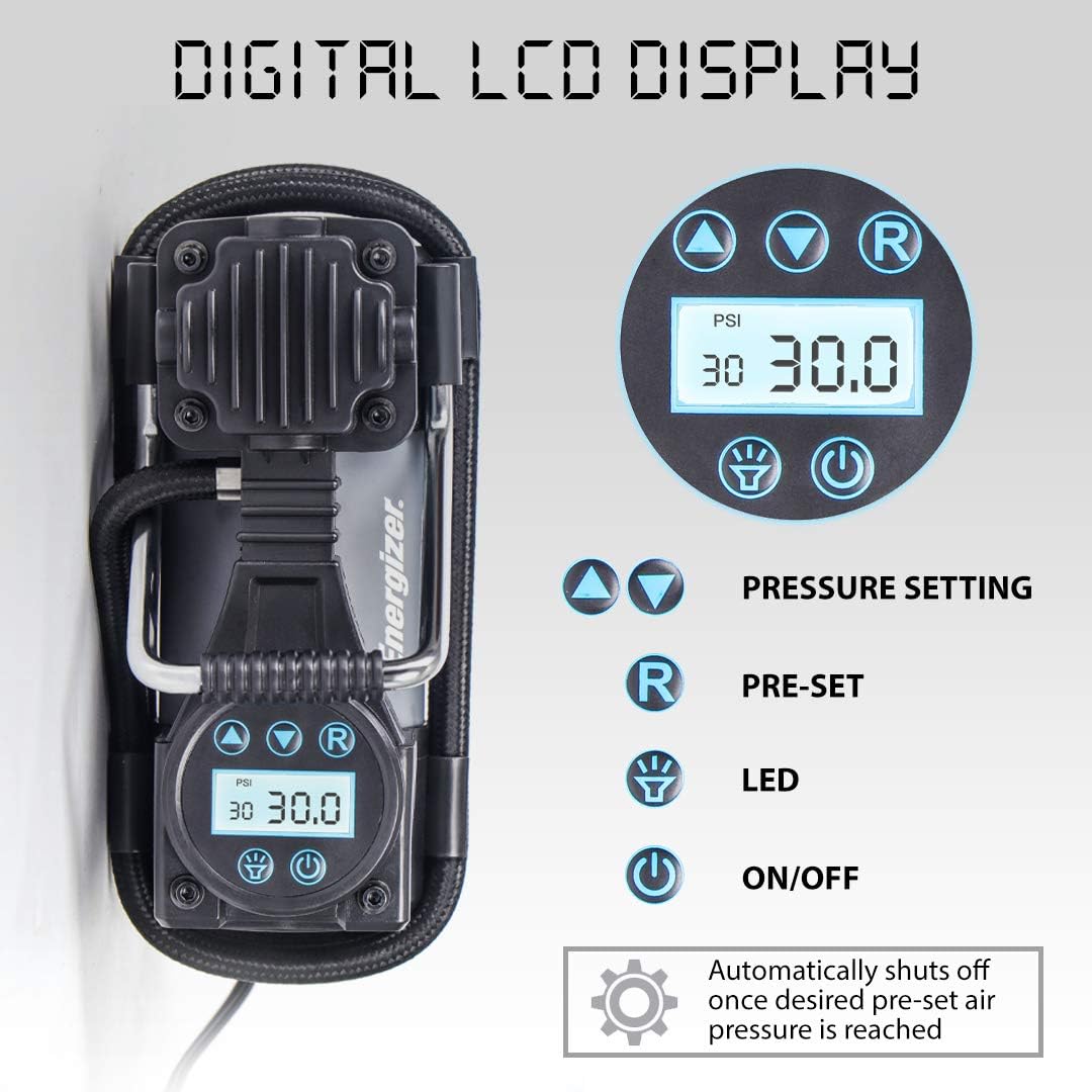 Energizer Portable Air Compressor Tire Inflator, 12V DC Air Pump for Car Tires with Auto Shut Off Function - 120 Max PSI, Preset Pressure Feature, Led Lighting, Digital LCD Display, and Carrying Case: Automotive