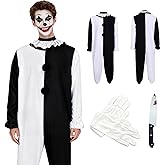 Men Horror Clown Costume Jumpsuit Black and White Bodysuit Set Movie Themed Outfit for Halloween Killer Clown Cosplay Outfit