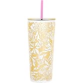 Lilly Pulitzer Gold Double Wall Tumbler with Lid and Reusable Straw, Insulated Travel Cup Holds 24 Ounces, Safari Sangria