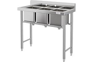 DEXSO Stainless Steel 3 Compartment Sink Freestanding Commercial Sink, Prep & Utility Sink for Restaurant, Laundry, Garage, Workshop Sink with Legs, Outdoor
