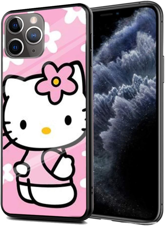 Y2PKZISTORE iPhone 11 Case, Tempered Glass Back Cover + TPU Frame Hybrid Shell Hello Kitty Cute Cartoon Cases Silicone Shockproof Anti-Scratch Cover Compatible for Apple iPhone 11(6.1 inch)#C