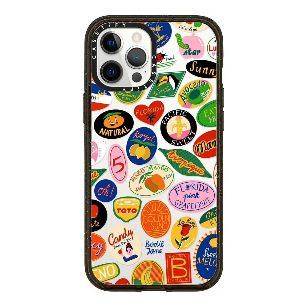 CASETiFY Impact iPhone 12 Pro Max Case [4X Military Grade Drop Tested / 8.2ft Drop Protection] - FRUIT STICKERS - Clear Black