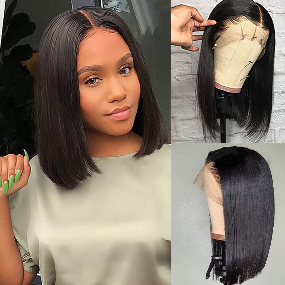 10 Inch Short Straight Bob Wig 13x4 Lace Front Wigs Human Hair Pre Plucked with Baby Hair 150% Density Natural Color Real Human Hair Wigs