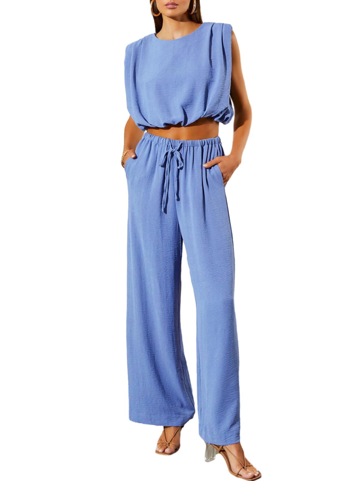 Photo 1 of Dokotoo Two Piece Outfits for Women Sexy Solid Crewneck Sleeveless Crop Tank Tops Matching Lounge Sets Comfy Casual Drawstring Tie Wide Leg Pants Jumpsuits Vacation Tracksuits Sky Blue XL