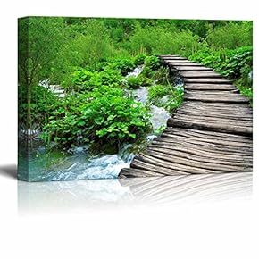 Canvas Prints Wall Art - Wooden Path and Waterfall in Croatia| Modern Home Deoration/Wall Art Giclee Printing Wrapped Canvas Art Ready to Hang - 12" x 18"
