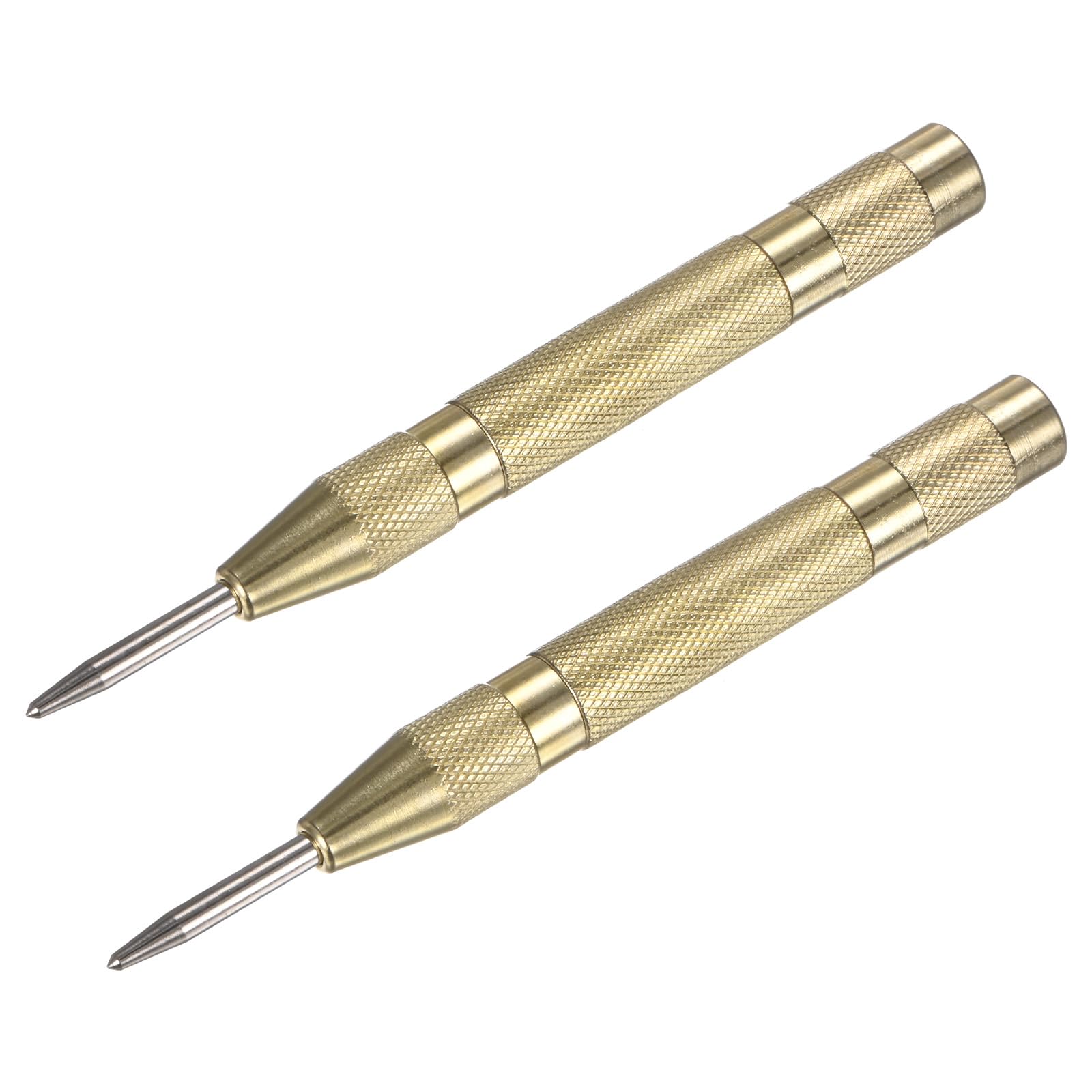 M METERXITY 2-Pack Automatic Center Punch, 133mm High Speed Steels Spring Loaded Nail Punch Tool for Steel Plate/Wooden Board/Glass, Adjustable Impact Punch Window Breaker Tool [Gold Tone]