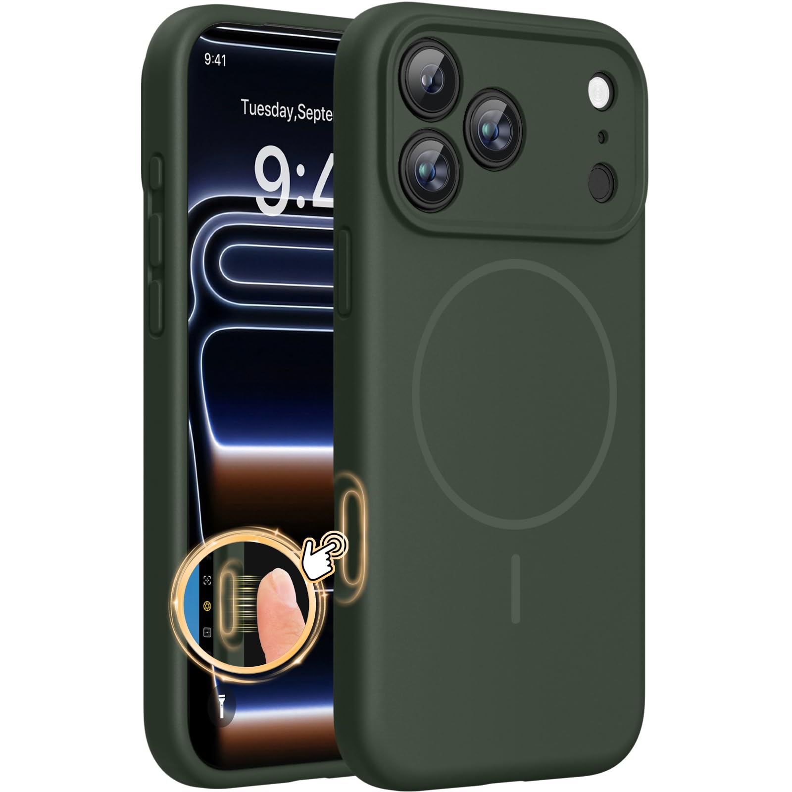 Photo 1 of Miracase Magnetic for iPhone 17 Pro Case, Compatible with MagSafe, Integrated Silicone Camera Control Cover, 3.0mm Thicken Shockproof Drop Protection Phone Case for 17 Pro,Dark Green