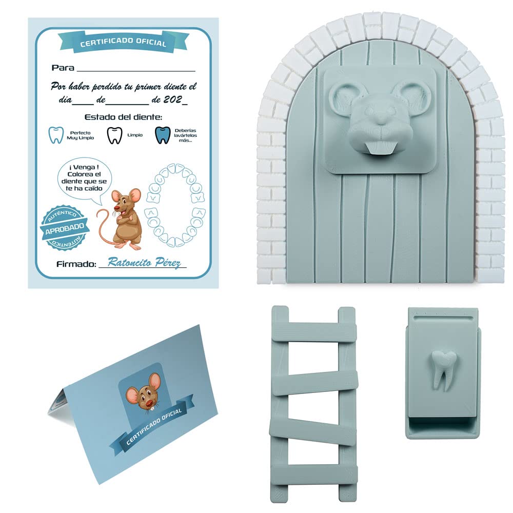 Myfuturshop® Magic Door, Teeth Box, Ladder, 4 Clean Tooth Certificates, Original Gift for Boys and Girls (Pastel Blue)