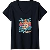 Dead Inside Skull Wearing Sunglasses Tropical Palm Trees V-Neck T-Shirt