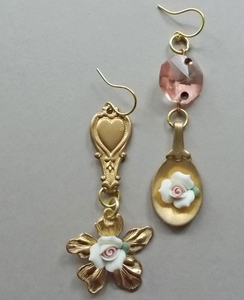 Mismatched Porcelain Vintage Pink Chandelier Crystal Mini Spoon White Flower Earrings