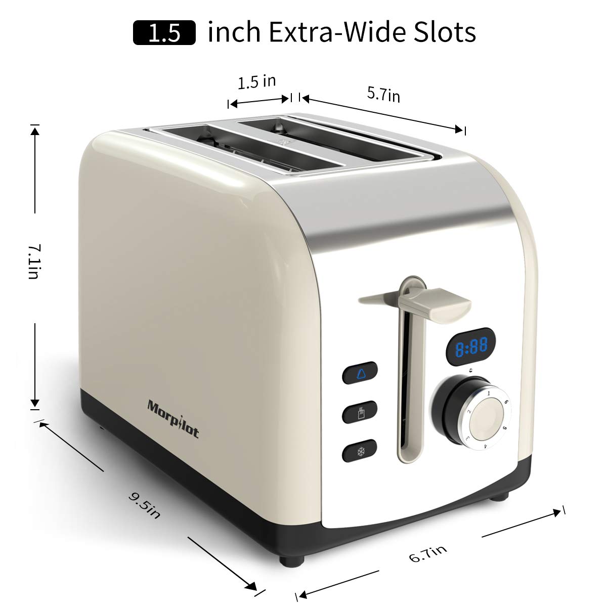 2 Slice Toaster, Morpilot Sandwich Toaster with 2 Wide Stainless Steel Slot and LED Display, Automatic Toaster with Defrost/Reheat/Cancel Function and 6 Modes