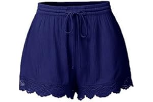 Women's Tassel Drawstring Shorts Elastic High Waisted Linen Lace Ruffle Shorts Lightweight Beach Summer Short Pants