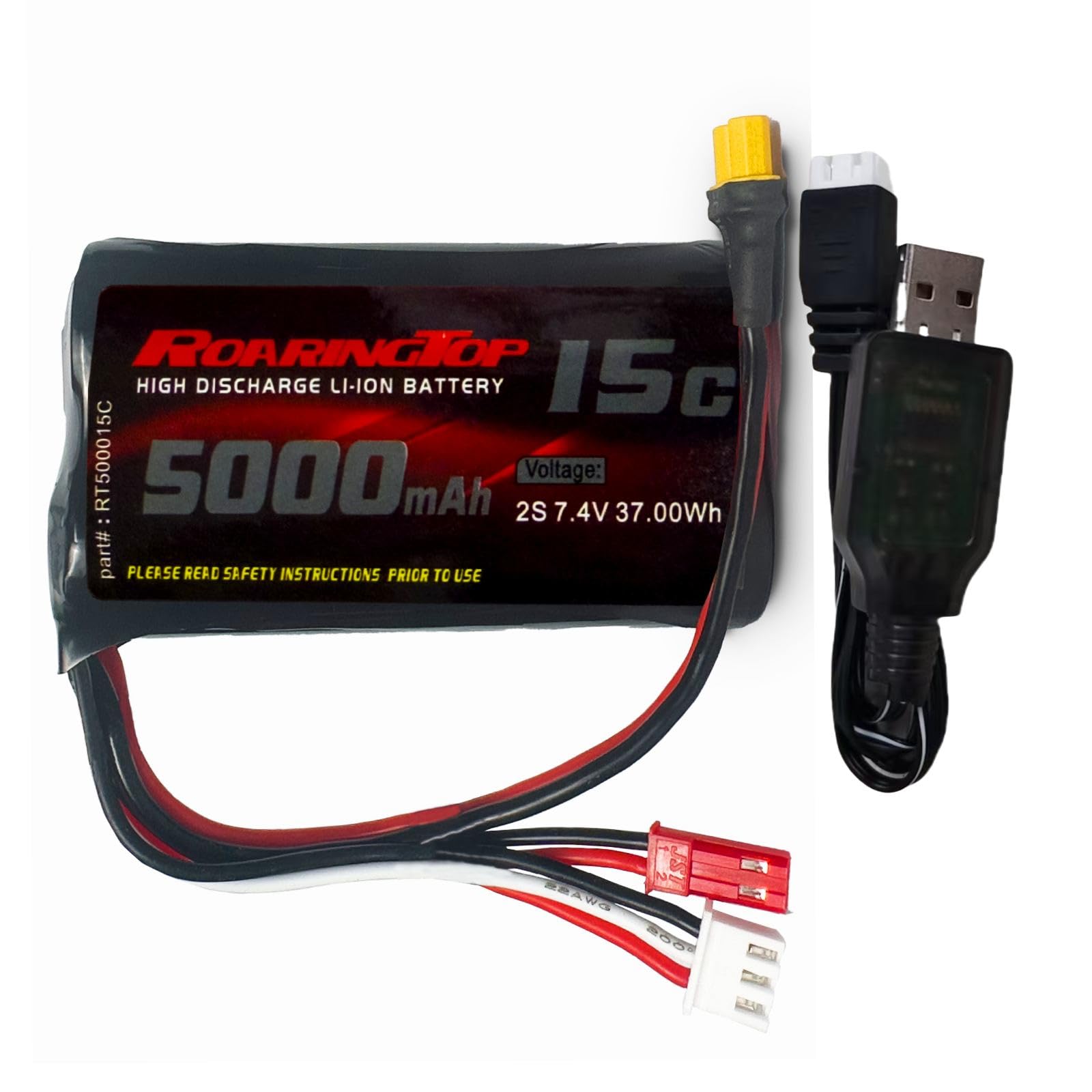 RoaringTop 7.4V 5000mAh 2S Rechargeable Lithium-ion Battery with XT30 and JST Plug, 1 USB Charging Cable, Suitable for Transmitter TX16S RC4GS, RC6GS
