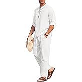 COOFANDY Men's 2 Pieces Cotton Linen Set Long Sleeve Henley Shirts Casual Beach Pants With Pockets Summer Yoga Outfits