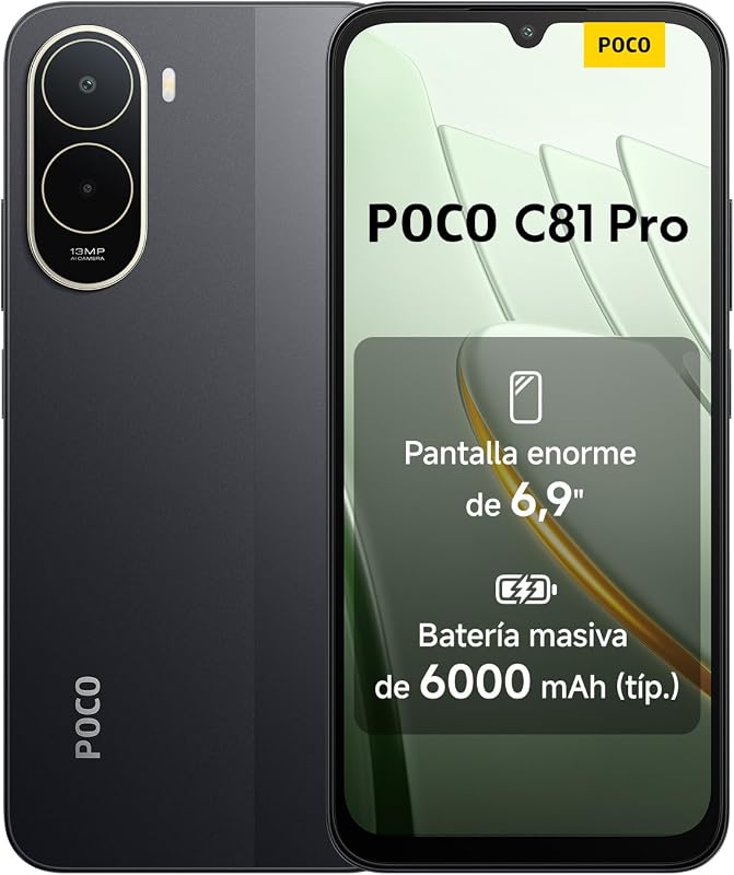 Smartphone POCO C81 Pro 4+256 GB, bateria de 6000 mAh, ecrã imersivo de 6,9", telemóvel com design elegante e refinado, câmara dupla AI de 13 MP, preto, 1 ano adicional de garantia