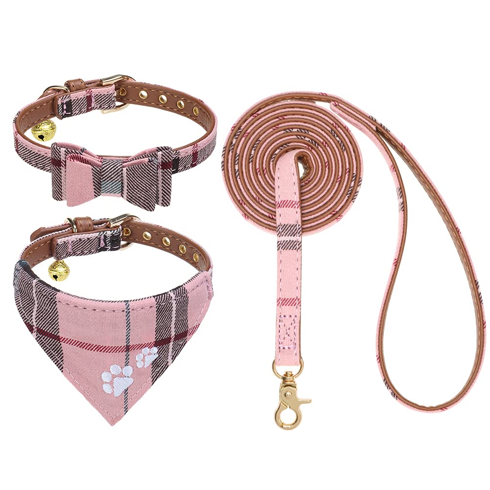 EXPAWLORER Dog Collar and Lead Set - Classic Plaid Bow Tie and Embroidery Pawprint Bandana Dog Collar with Bell, No Tangle Lead, Adjustable Pet Collars for Cats Puppy Small Medium Dogs, Pink M