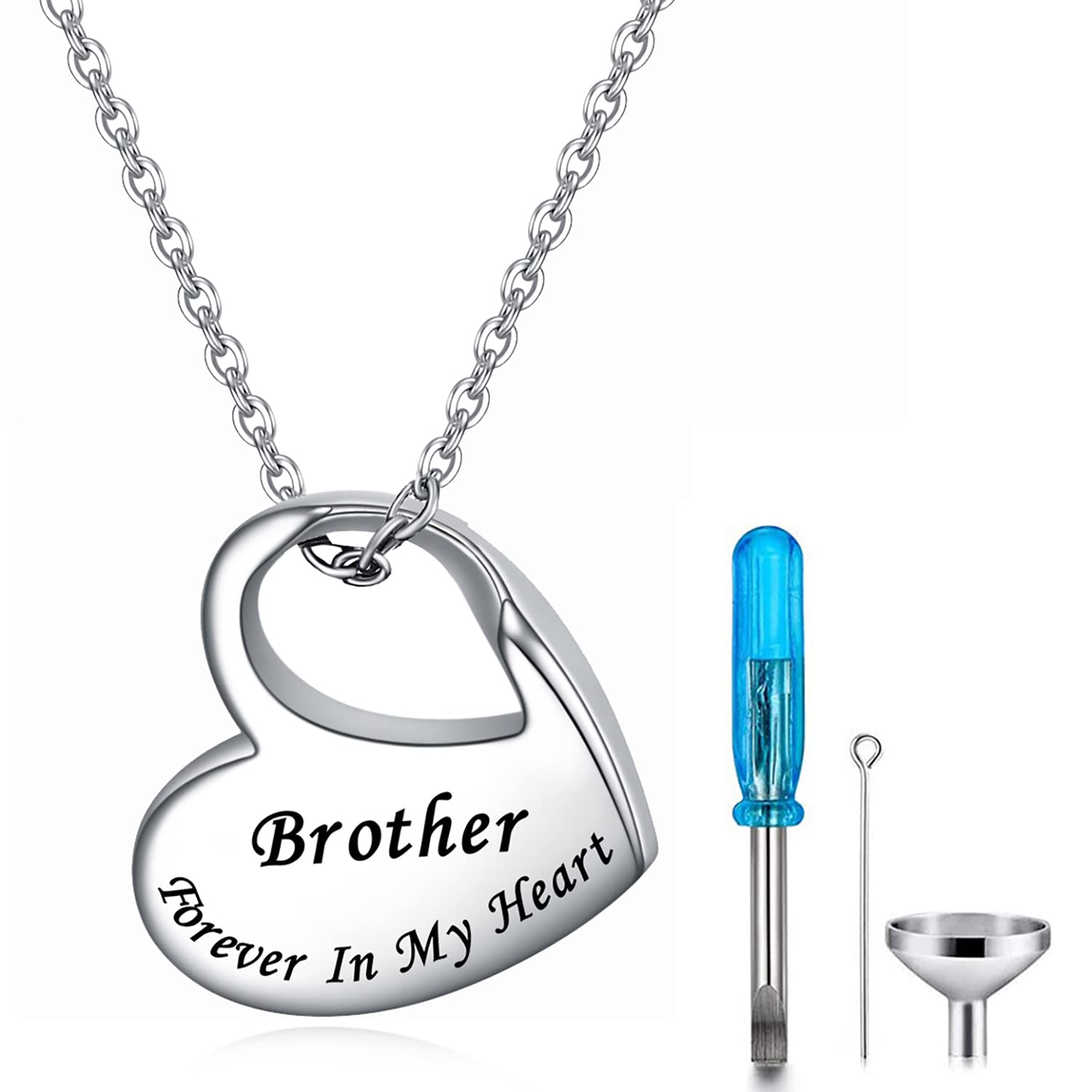 YOTHIWAD Heart Urn Necklace for Ashes Cremation Jewelry Forever in My Heart Engraved Stainless Steel Keepsake Waterproof Memorial Pendant for loved One with Filling Kit(Brother)
