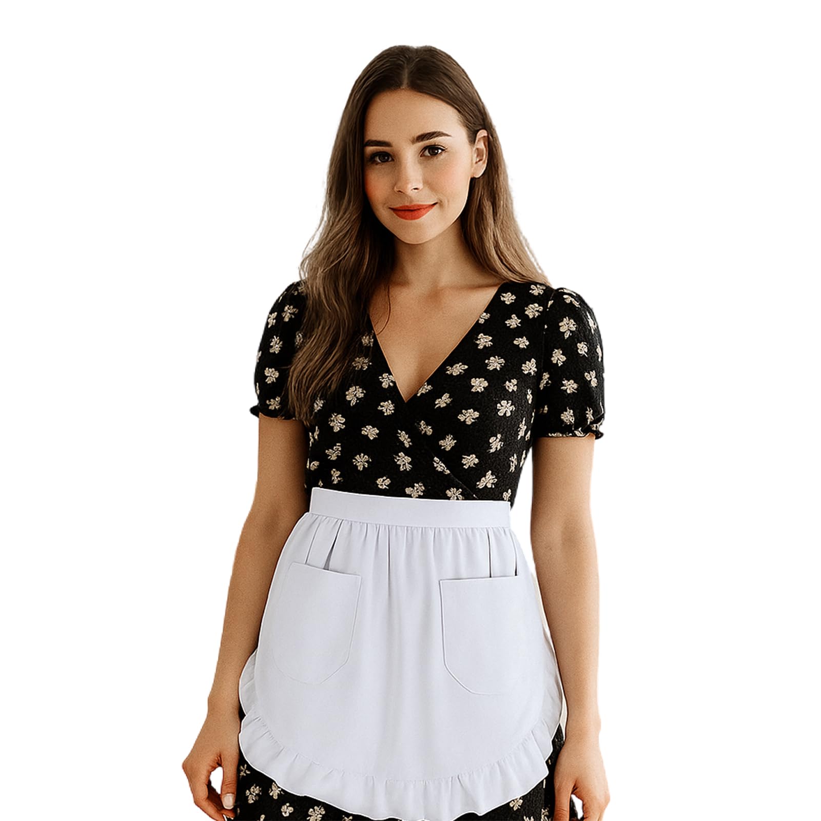 Aspire Maid Costume Waist Apron for Lady, Christmas Cotton Half Apron with Two Pockets