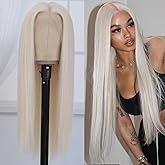 Platinum Blonde Synthetic Lace Front Wig Pre Plucked Ready to Wear 13x4 HD Glueless Straight Lace Front Wig for Women Natural Looking Synthetic Heat Resistant Fiber Platinum Blonde Wig (26 Inch)