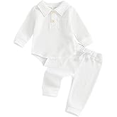 Eurvoku Newborn Baby Boy Clothes Solid Waffle Knit Long Sleeve Button Up Collared Romper Long Pants Set Fall Winter Outfits