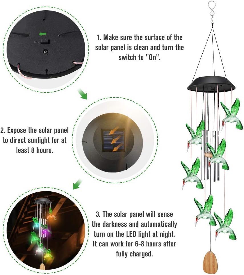 OUTUL Wind Chimes Outdoors LED Solar Hummingbird Wind Chime for Windows, Yard, Patio, Porch, Garden, Backyard, Memorial Wind Chimes Gifts for Mom Grandma : Garden & Outdoor