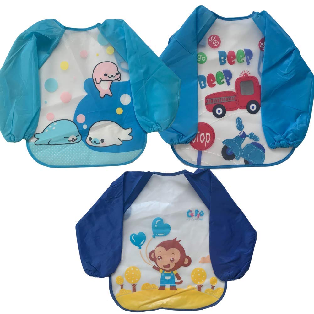 3PCS Long Sleeve Waterproof Baby Weaning Coverall Bibs for Toddler Infant Girls and Boys Aged 6 Months to 3 Years Feeding Apron Bib (Blue)