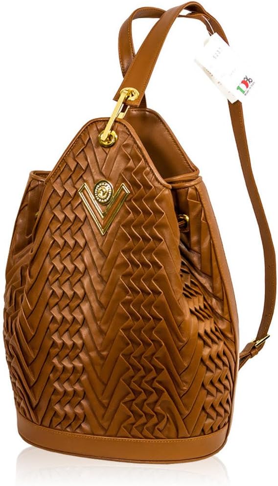 Valentino Orlandi Italian Designer Caramel Brown Pleated Leather Bucket Sling Bag