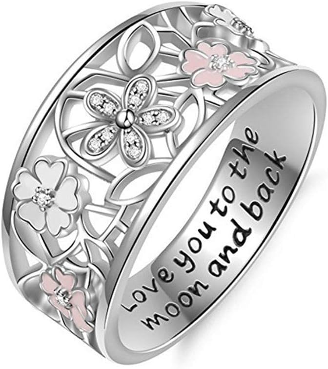 TREESTAR Wide Sakura Rings for Women Drop Glue Alloy Ring Pendant with Flower Romantic Finger Rings Gift for Her Girls Size 6/7/8/9/10