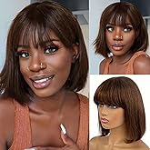 Rebasar Chocolate Brown Short Bob Wigs Human Hair Wear and Go Bob Wig With Bangs Human Hair Wigs for Black Women Glueless Brazilian Straight Hair None Lace Front Wig Dark Brown 14 Inch