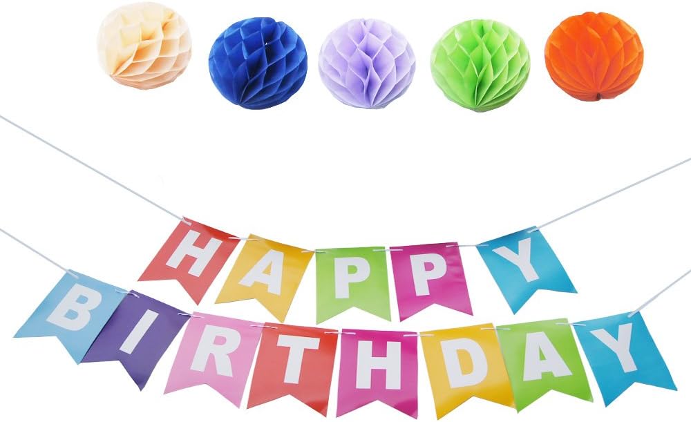 Birthday Decoration,Colorful Happy Birthday Bunting Banner DIY KIT Garland Sign with with Colorful Pom Pom Balls For Birthday Party Supplies.