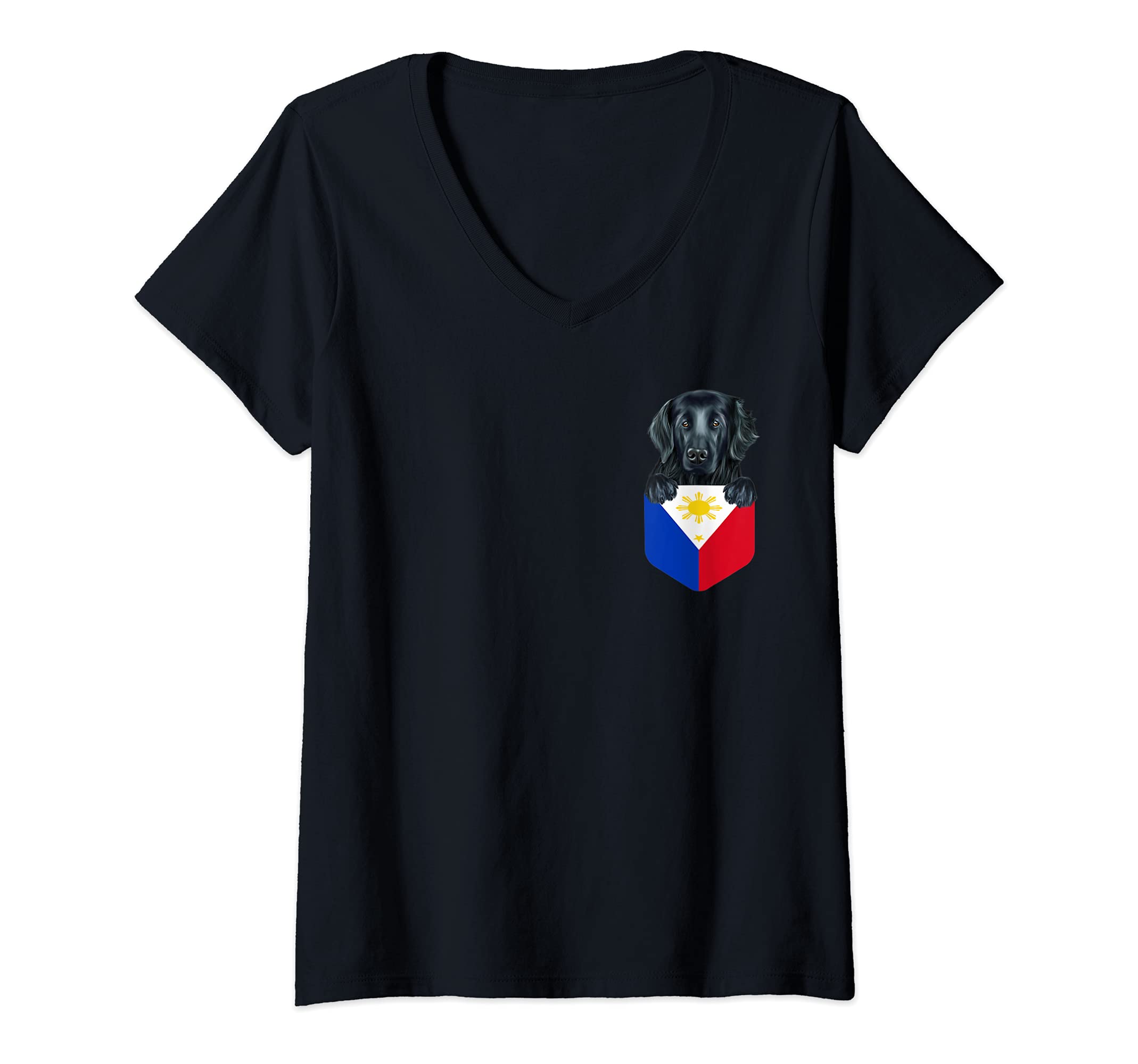 Womens Philippines Flag Flat-Coated Retriever Dog In Pocket V-Neck T-Shirt