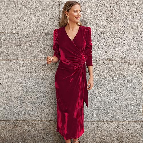 OBEEII RED VELVET DRESS FOR WOMEN FORMAL LONG DRESS ELEGANT V NECK WRAP BODYCON COCKTAIL PARTY MIDI DRESS HOMECOMING EVENING WEDDING GUEST LONG SLEEVE CHRISTMAS DRESS WINE RED S