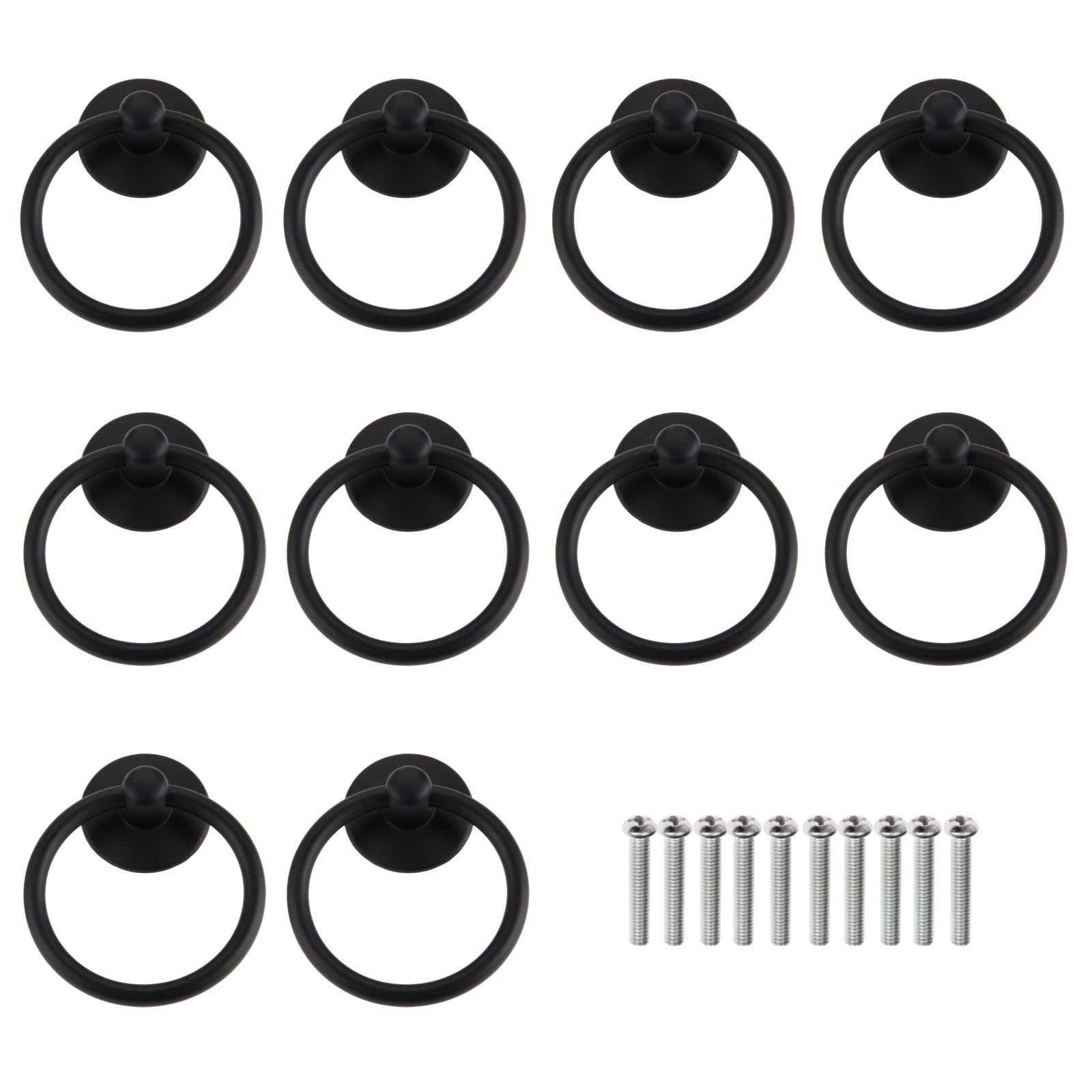 Yetaha 10 x Vintage Cabinet Pull Handles with Screws Retro Drawer Ring knobs Simple Style for Jewelry Box Door Kitchen Cupboard Furniture 44x52mm Black