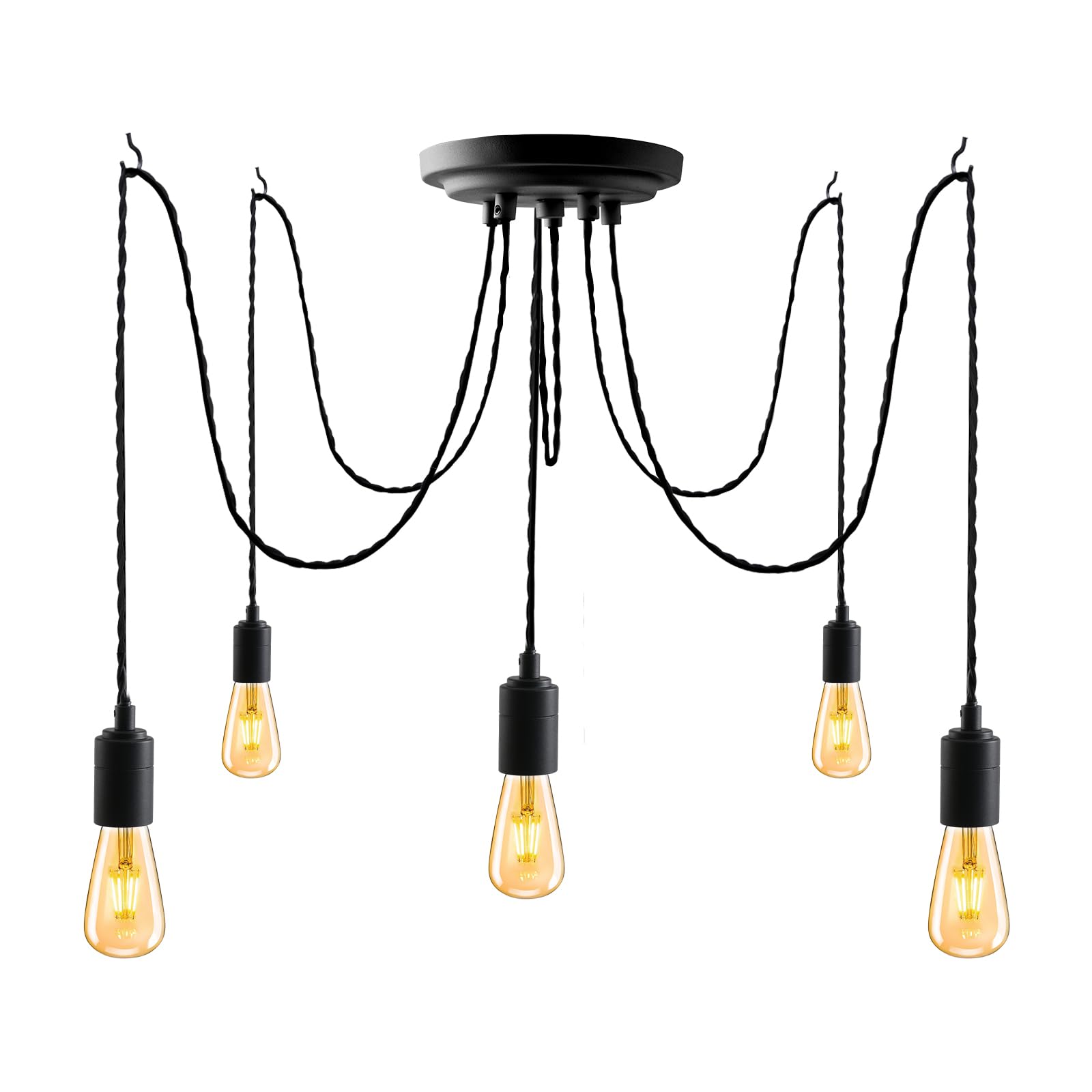 JIAHUA 5Lights Black Industrial Pendant Light Fitting,Multiple Spider Ceiling Pendant Lamp Chandelier with Adjustable 3M Twisted Braided Cable E27 Lamp Holder