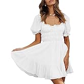 MIYIEONZ Women's Square Neck Puff Sleeve Mini Dresses Ruffle Elastic Waist A-Line Elegant Summer Casual Flowy Mini Dress