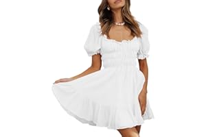 MIYIEONZ Women's Square Neck Puff Sleeve Mini Dresses Ruffle Elastic Waist A-Line Elegant Summer Casual Flowy Mini Dress