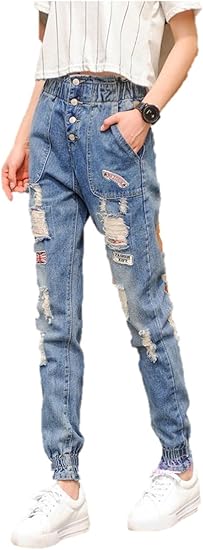 Amazon レディース デニム ジーパン クロップド デニム 7分丈 9分丈 ワッペン デニムパンツ 古着風 ダメージ ユーズド加工 ストリート クロップドパンツ カジュアル おしゃれ ウエストゴム K8043 2xl 九分丈 カプリ クロップトパンツ 通販