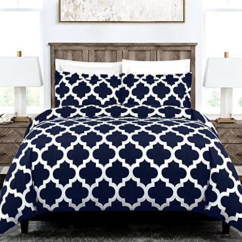 Egyptian Luxury Quatrefoil Duvet Cover Set - 3-Piece Ultra Soft Double Brushed Microfiber Printed Cover with Shams - Twin/Twin XL - Navy/White