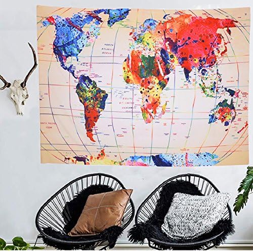 World Map Tapestry Global Map Wall Hanging Retro Art Geography Teaching Earth Map Mandala Bohemian Tapestry Home Decor Queen Size 59"x79"
