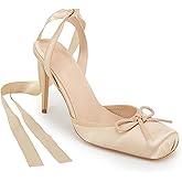GOGD Satin Ballet Heels Lace Up Closed Square Toe Stiletto High Bow Ballerina Slingback Pumps Strappy Mary Jane Elegant Shoes