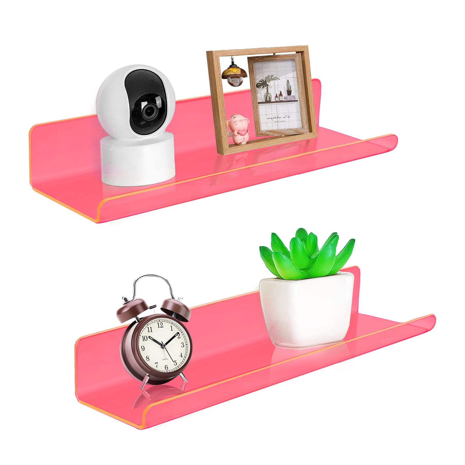 Photo 1 of ROYALITA Small Acrylic Shelves Wall Mounted | Set of 2 | 12 Inches | Wall Hanging Plant Display Shelves, Room Decor Floating Wall Shelves for Gaming Room Bedroom, Living Room, Office, Pink