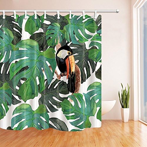 HiSoho Watercolor Monster Leaves Decor, Bird Toucan in Tropical Tree branch, Mildew Resistant Polyester Fabric Shower Curtains for Bathroom, Shower Curtain Hooks Included, 71X71in