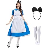 ZUADOKL Women Blue Princess Dress Adult Halloween Costume with bow headband and stockings Fairytale Party Costume
