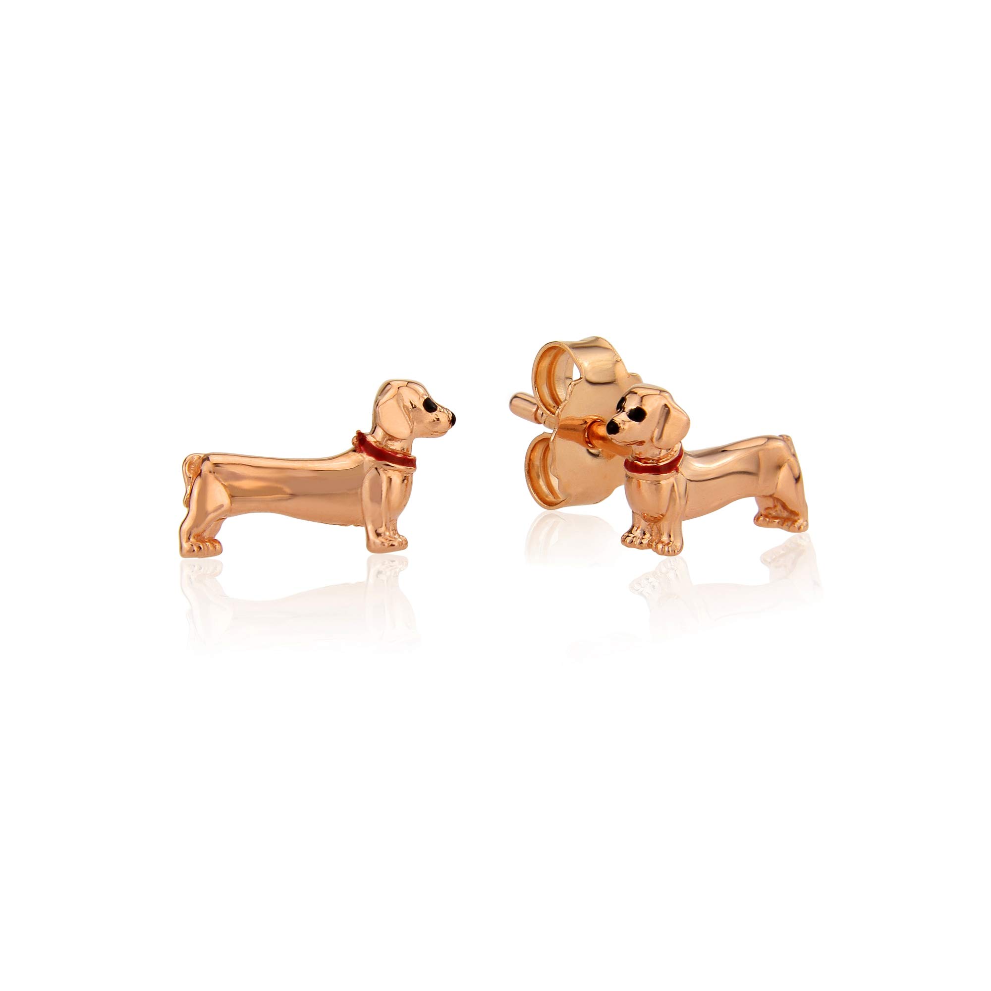 Gemma J Rose Gold Dachshund Studs- sterling silver with 14ct rose gold plating, earrings with butterfly backs