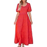 PRETTYGARDEN Puff Short Sleeve Cewneck Floral Long Fall Dresses for Women 2025 Flowy Tiered Hem Maxi Wedding Guest Dress