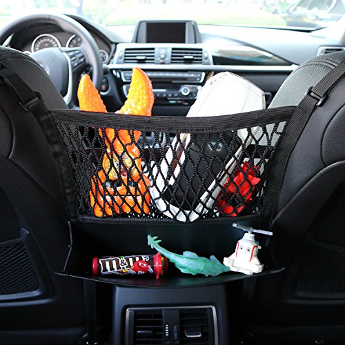 AMEIQ 3-Layer Car Mesh Organizer with Leather Box, Seat Back Net Bag, Barrier of Backseat Pet Kids, Cargo Tissue Purse Holder, Driver Storage Netting Pouch. (3 Optional Styles)