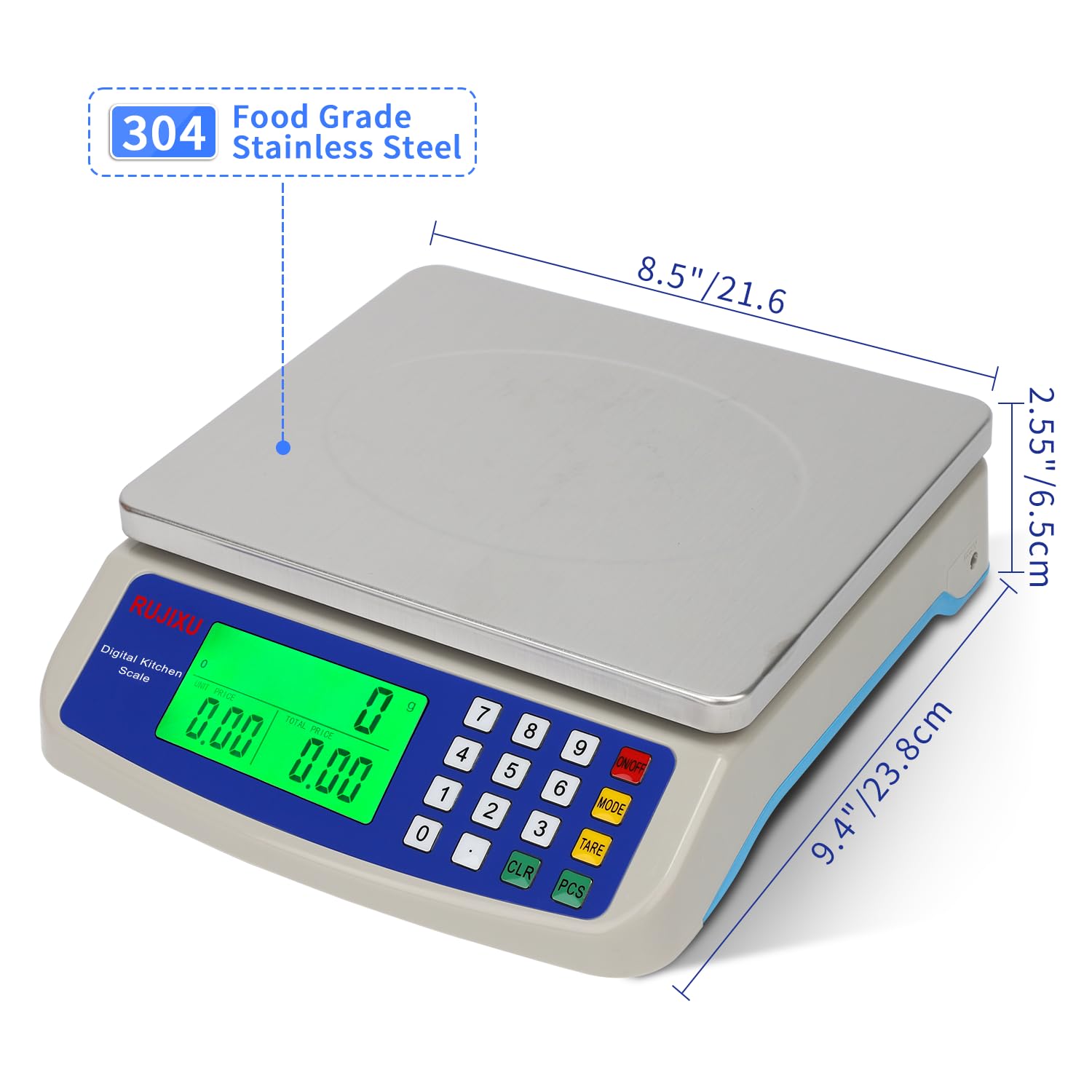 Large Digital Kitchen Scale 30KG Commercial Food Scale 66LB for Baking Bread Meat Stainless Steel Price Computing Scale LCD Display,Prep Counting Scale for Parts and Coins Adapter Included